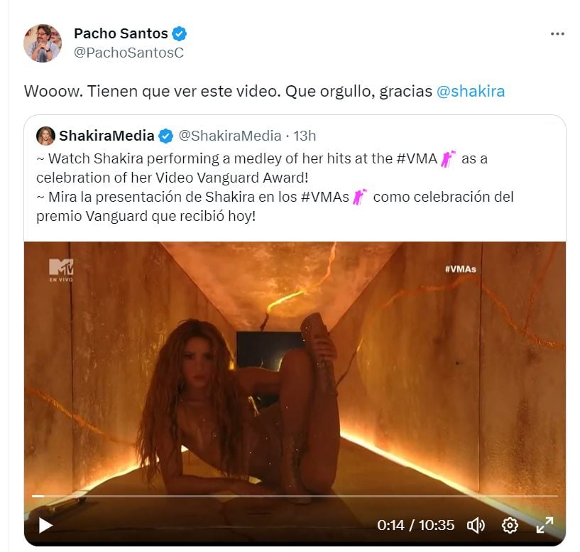 Pacho Santos compartió un mensaje en el que mostró su orgullo por la presentación de Shakira en los VMAs.