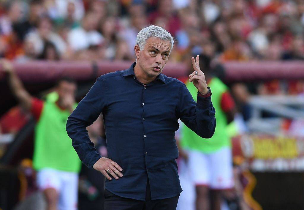 ROME, ITALY - OCTOBER 22: Jose Mourinho head coach of AS Roma gestures during the Serie A TIM match between AS Roma and AC Monza at Stadio Olimpico on October 22, 2023 in Rome, Italy. (Photo by Silvia Lore/Getty Images)