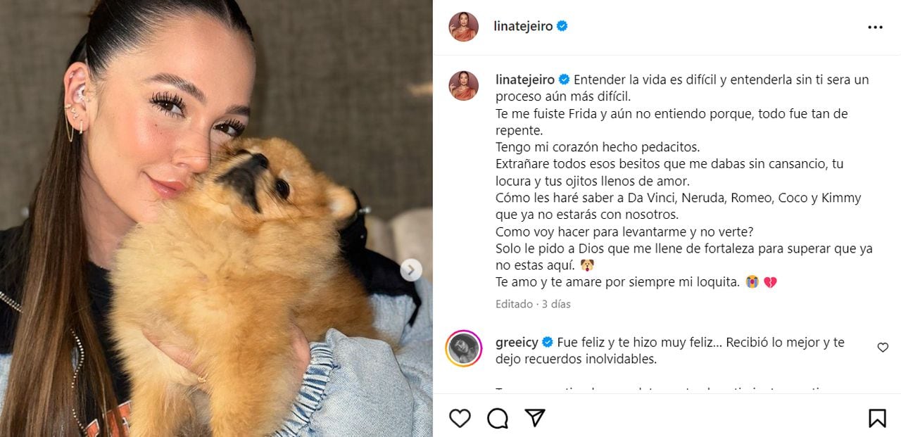 Lina Tejeiro  reveló la causa de la muerte de su mascota.