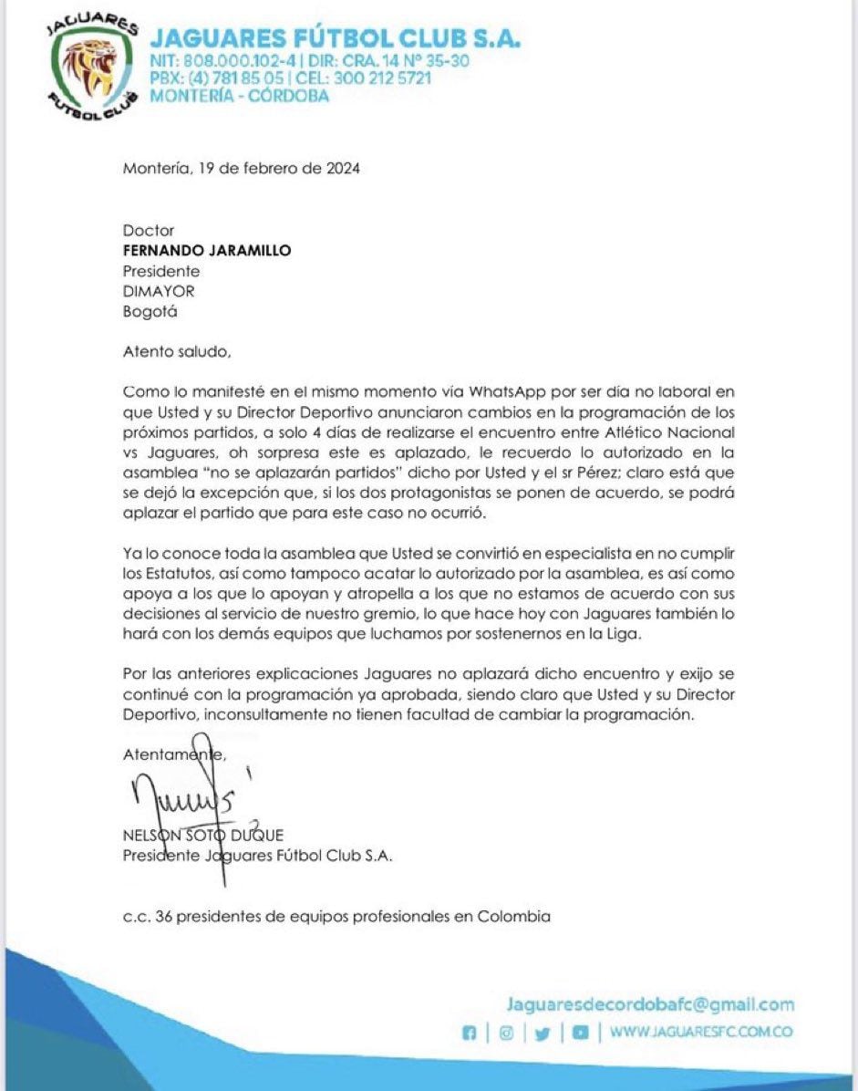 Carta del presidente de Jaguares a Fernando Jaramillo.