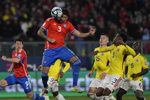 Chile's Guillermo Maripan's scores a goal against Colombia that was later disallowed during a qualifying soccer match for the FIFA World Cup 2026 at Monumental stadium in Santiago, Chile, Tuesday, Sept. 12, 2023. (AP Photo/Esteban Felix)