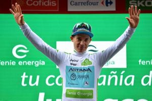 BILBAO, SPAIN - SEPTEMBER 05: Podium / Miguel Angel Lopez of Colombia and Astana Pro Team White Best Young Rider Jersey / Celebration / during the 74th Tour of Spain 2019, Stage 12 a 171,4km stage from Circuito de Navarra to Bilbao / #LaVuelta19 / @lavuelta / on September 05, 2019 in Bilbao, Spain. (Photo by Justin Setterfield/Getty Images)