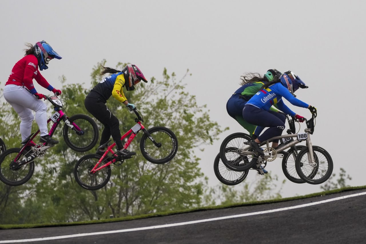 Colombia's Mariana Pajon leads a women's BMX racing run at the Pan American Games in Santiago, Chile, Sunday, Oct. 22, 2023. (AP Photo/Dolores Ochoa)