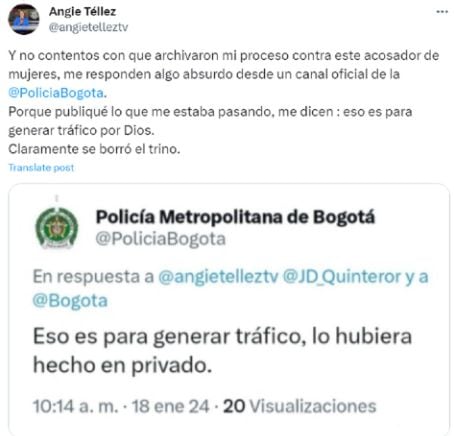 La presentadora Angie Téllez mostró su indignación por la respuesta de la Policía Metropolitana de Bogotá.