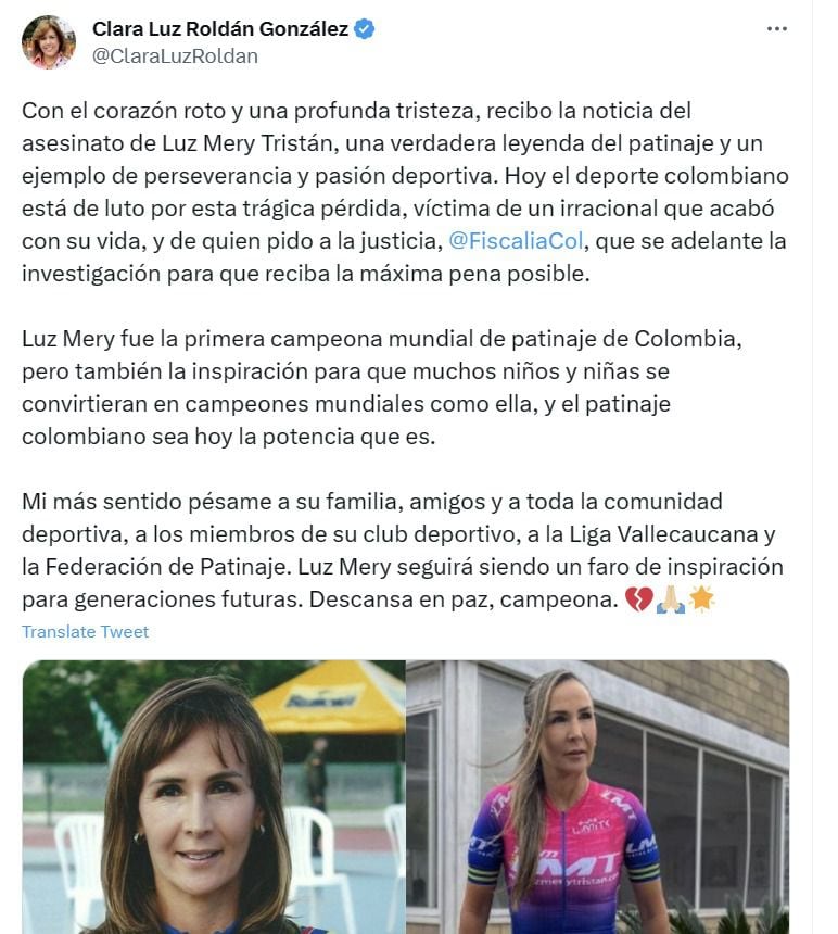 Este es el trino que la gobernadora Clara Luz Roldán publicó sobre el asesinato de Luz Mery Tristán.