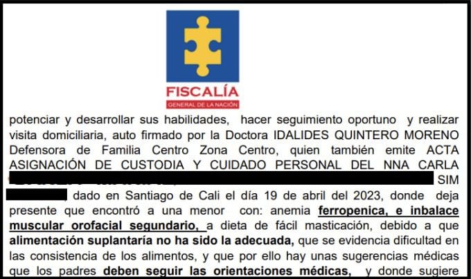 Parte del comunicado de la Fiscalía sobre el caso, dado a conocer por la oficina de prensa del rector de la Universidad Santiago de Cali.