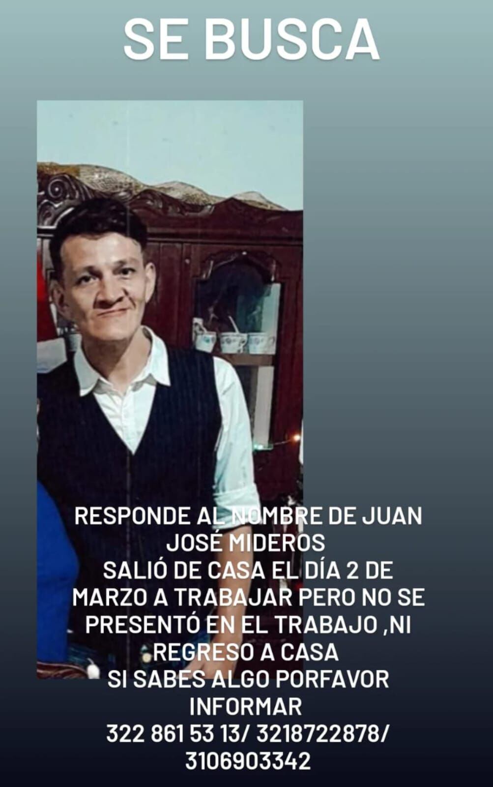 Juan José Mideros, se encuentra desaparecido desde el 2 e marzo, es extranjero. Sus amigos dicen que no tenia enemigos. Siguen buscándolo. Foto tomada de redes