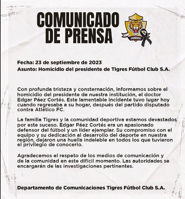 Comunicado de prensa del equipo Tigres de Bogotá tras el asesinato de su presidente, Edgar Páez
