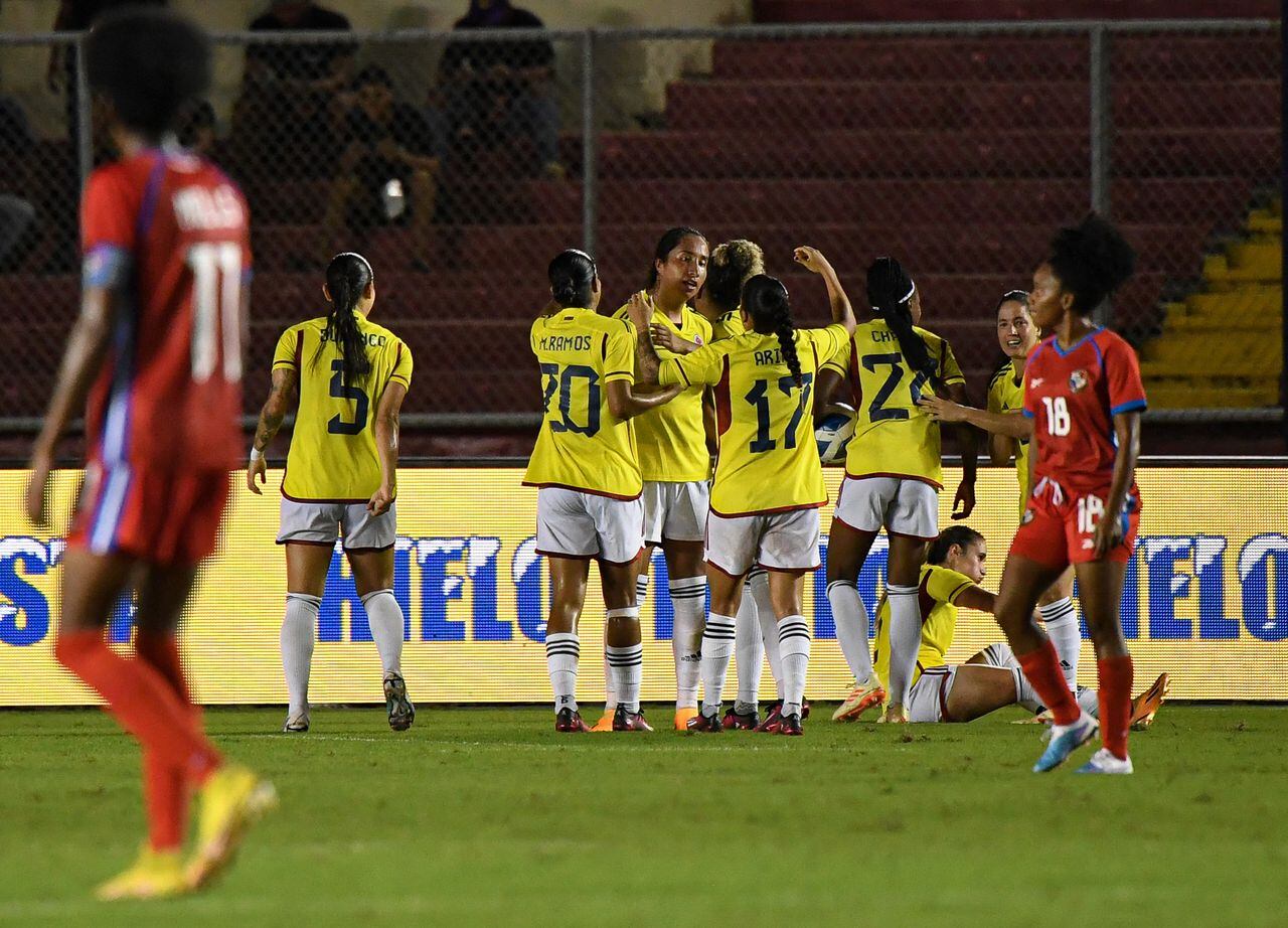 Colombia's players celebrate after scoring against Panama during the friendly football match between Panama and Colombia, ahead of the upcoming FIFA Women's World Cup, at the Rommel Fernandez stadium in Panama City, Panama, on June 17, 2023. The FIFA Women's World Cup Australia & New Zealand 2023 will be held from July 20 to August 20, 2023. (Photo by ROBERTO CISNEROS / AFP)