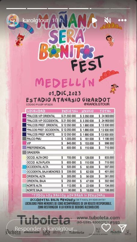 Estos son los precios oficiales de las entradas para el concierto de Karol G en Medellín.