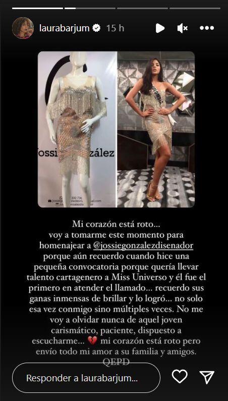 Laura Barjum compartió emotivo mensaje de despedida en homenaje a Jossie  González, quien diseñó uno de sus vestidos de Miss Universo.