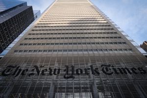 NEW YORK, NEW YORK - AUGUST 07: An external view of the New York Times on August 07, 2023 in New York City. The media company is likely to register an increase on the second-quarter 2023 report on Aug 8 before the market opens. (Photo by Kena Betancur/VIEWpress)