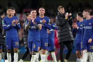 Chelsea's players celebrate after the English League Cup semi final second leg soccer match between Chelsea and Middlesbrough at the Stamford Bridge stadium in London, England, Tuesday, Jan. 23, 2024. (AP Photo/Kin Cheung)