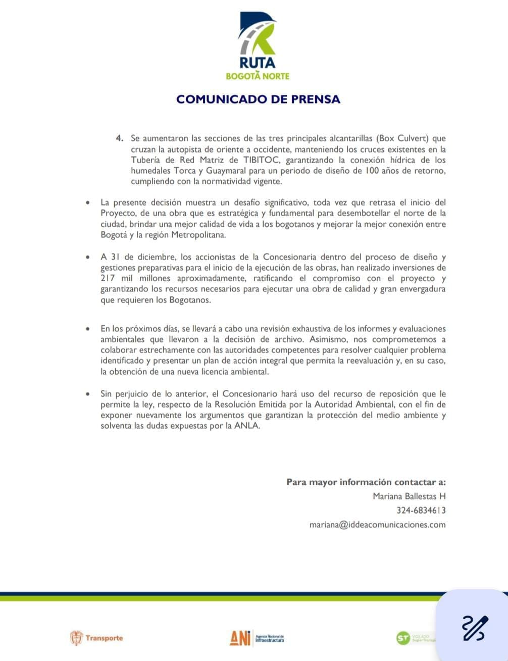 La Concesión Bogotá Norte manifestó que si cumple con las especificaciones técnicas que le fueron exigidas.