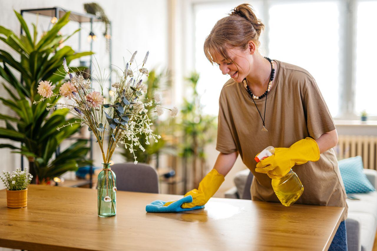 Young smiling woman wiping the dining table surface using a cloth and a spray bottle.