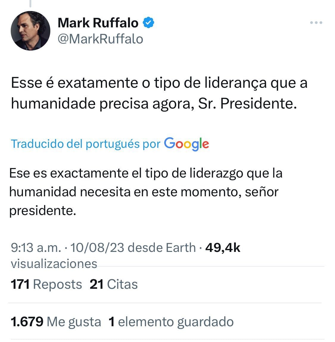 Mark Ruffalo apoya a Gustavo Petro por medio de Twitter