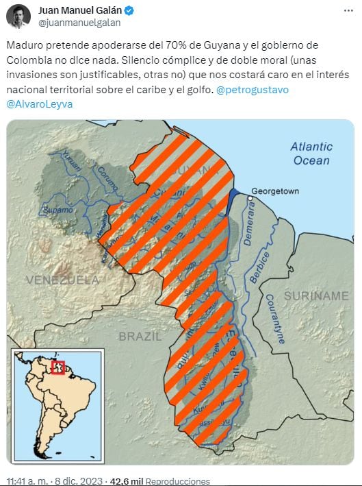 Trino de Juan Manuel Galán sobre el "silencio cómplice" del Gobierno Petro frente a la disputa entre Venezuela y Guyana