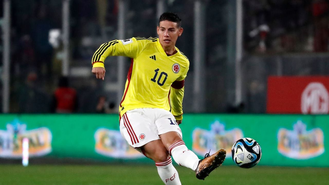 SANTIAGO, CHILE - SEPTEMBER 12: James Rodriguez of Colombia kicks the ball during a FIFA World Cup 2026 Qualifier match between Chile and Colombia at Estadio Monumental David Arellano on September 12, 2023 in Santiago, Chile. (Photo by Marcelo Hernandez/Getty Images)