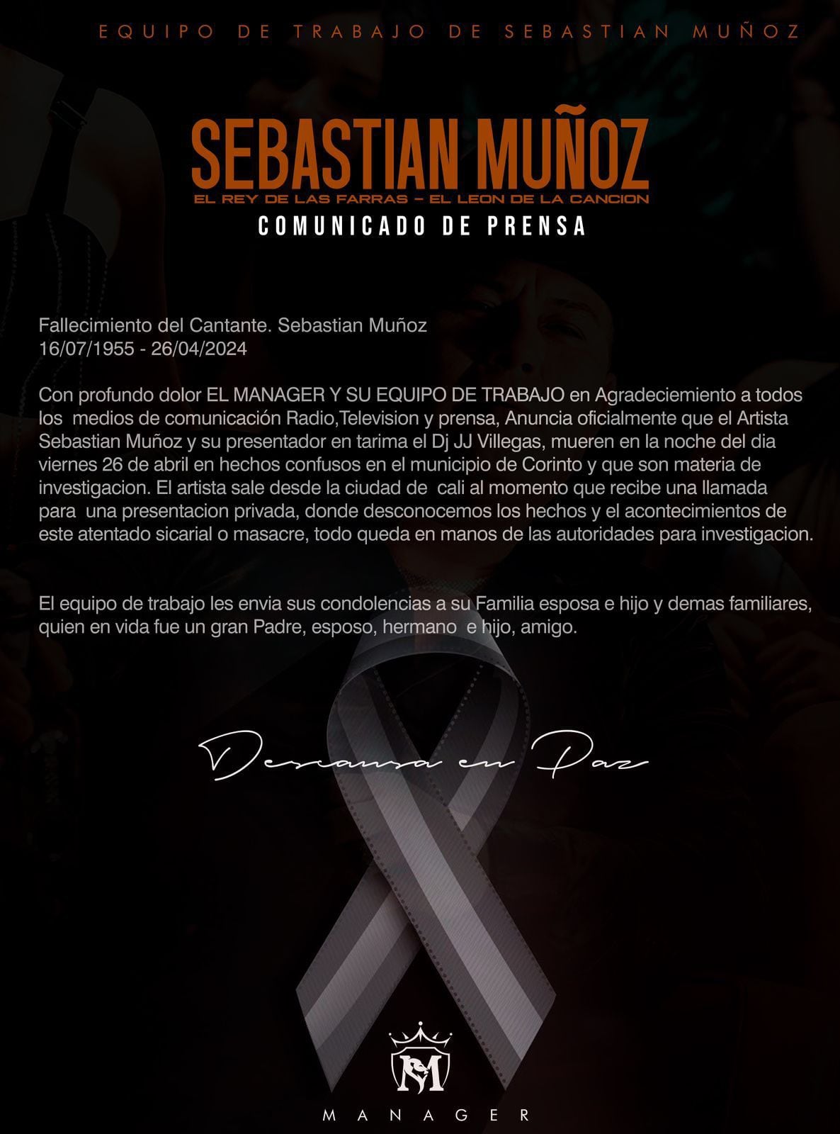Comunicado fallecimiento Sebastian Muñoz