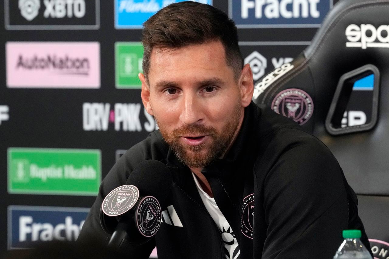 Inter Miami's Lionel Messi answers a question during a soccer news conference, Thursday, Aug. 17, 2023, in Fort Lauderdale, Fla. (AP Photo/Marta Lavandier)