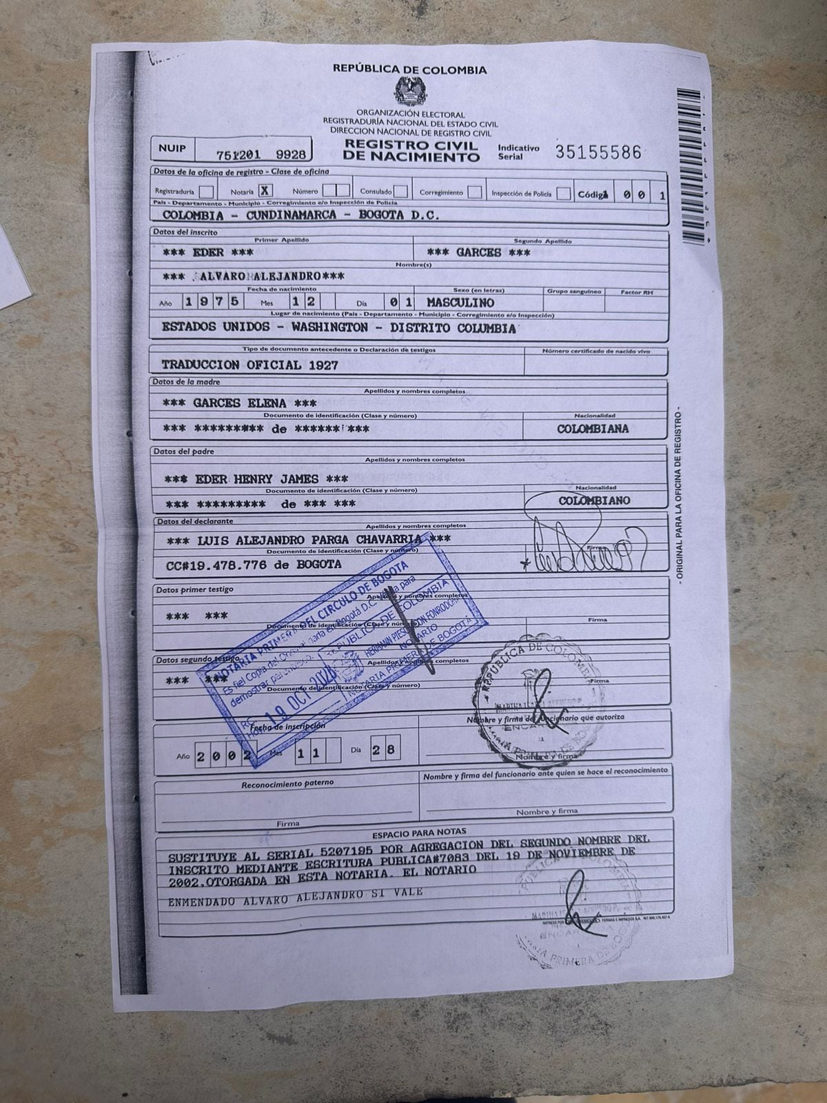 Este sería el registro civil del candidato Alejandro Eder recolectado por el congresista Alejandro Ocampo.