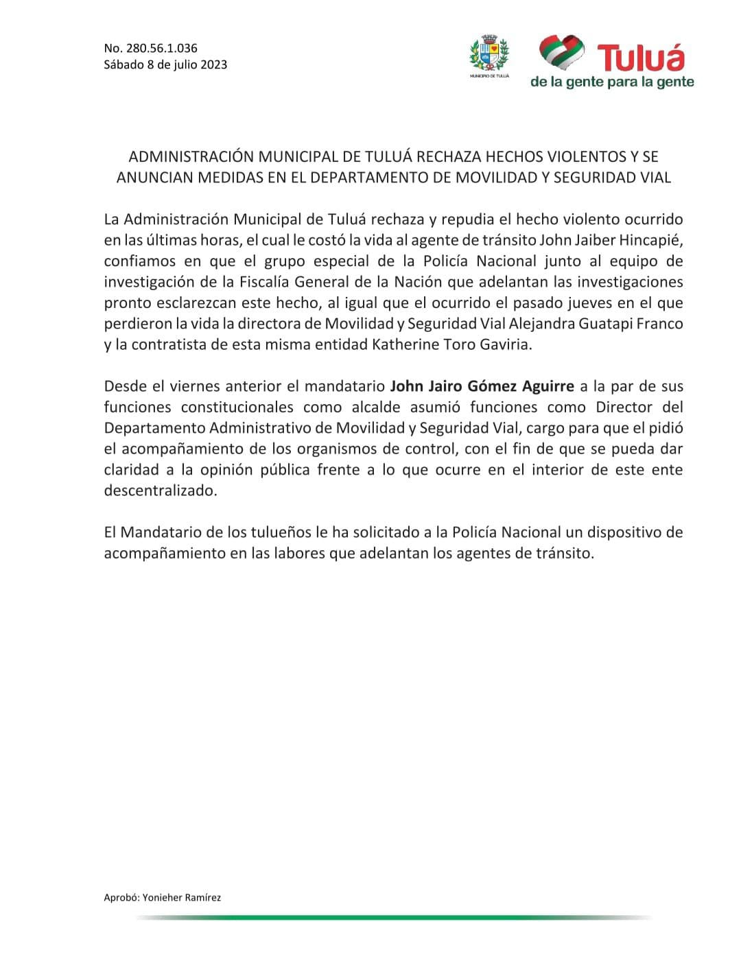 Este es el comunicado que emitió la Alcaldía de Tuluá para rechazar el asesinato del agente de tránsito.