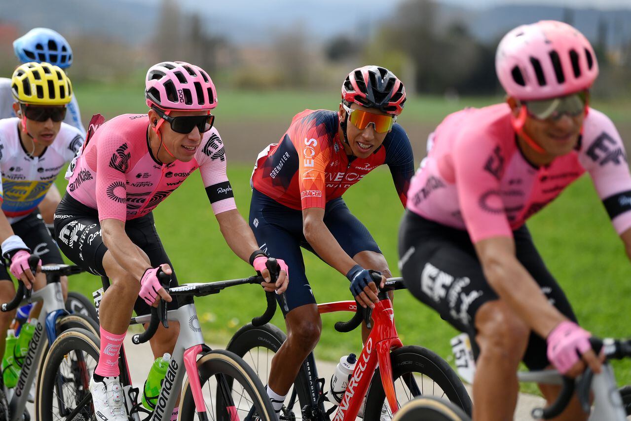 SANT FELIU DE GUIXOLS, SPAIN - MARCH 20: (L-R) Rigoberto Uran of Colombia and Team EF Education-Easypost and Egan Bernal of Colombia and Team INEOS Grenadiers compete during the 102nd Volta Ciclista a Catalunya 2023, Stage 1 a 164.6km stage from Sant Feliu de Guíxols to Sant Feliu de Guíxols / #VoltaCatalunya102 / on March 20, 2023 in Sant Feliu de Guixols, Spain. (Photo by David Ramos/Getty Images)