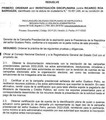 La Procuraduría abrió investigación contra el gerente de la campaña de Gustavo Petro a la Presidencia, Ricardo Roa Barragán.