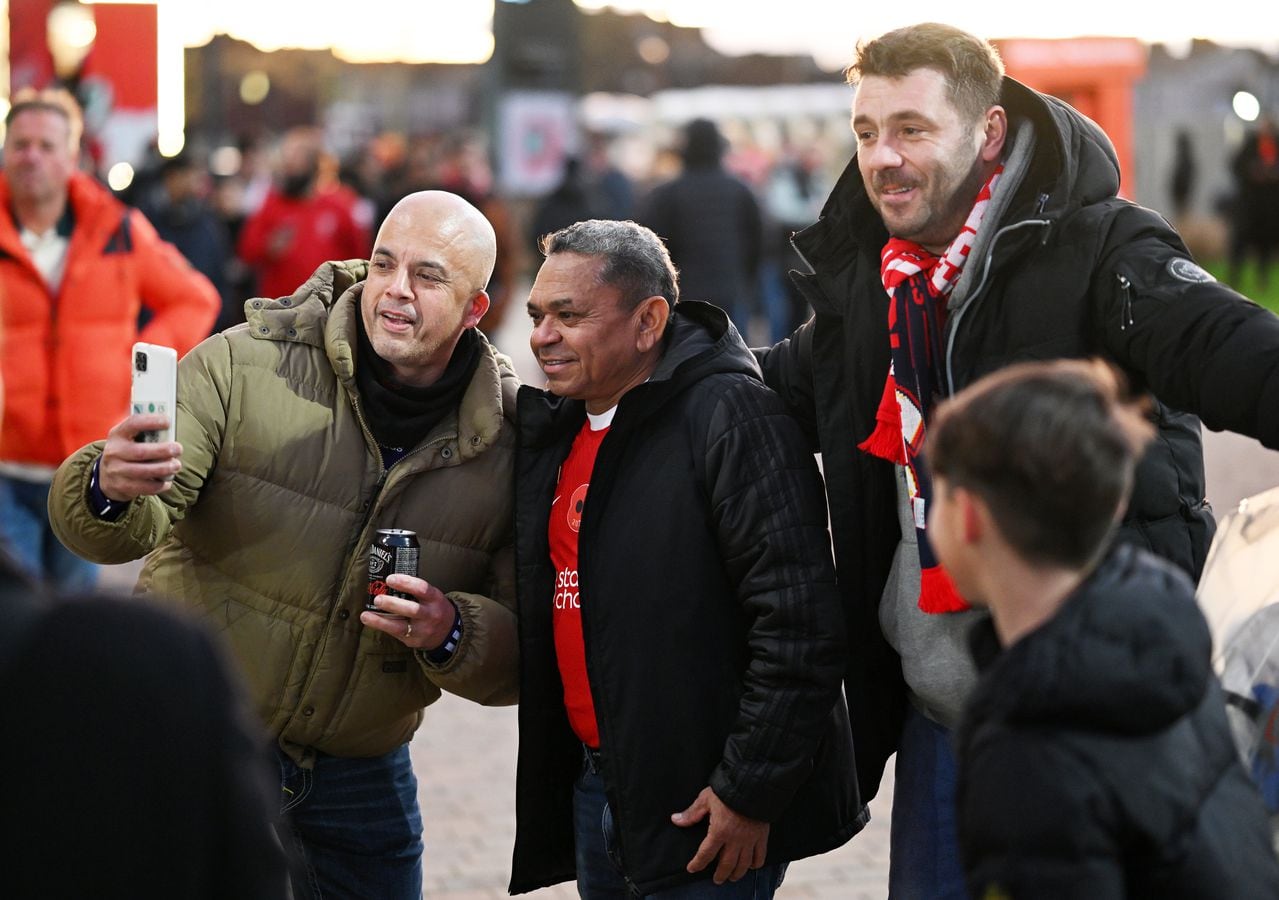 LIVERPOOL, ENGLAND - DECEMBER 23: Luis Manuel Diaz, the father of Luis Diaz of Liverpool, poses for a photo with fans prior to the Premier League match between Liverpool FC and Arsenal FC at Anfield on December 23, 2023 in Liverpool, England. (Photo by Michael Regan/Getty Images)