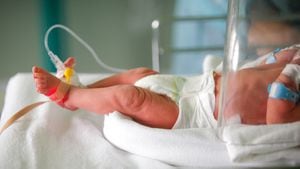 Pequeño bebé prematuro en una incubadora en la sección neonatal de la maternidad