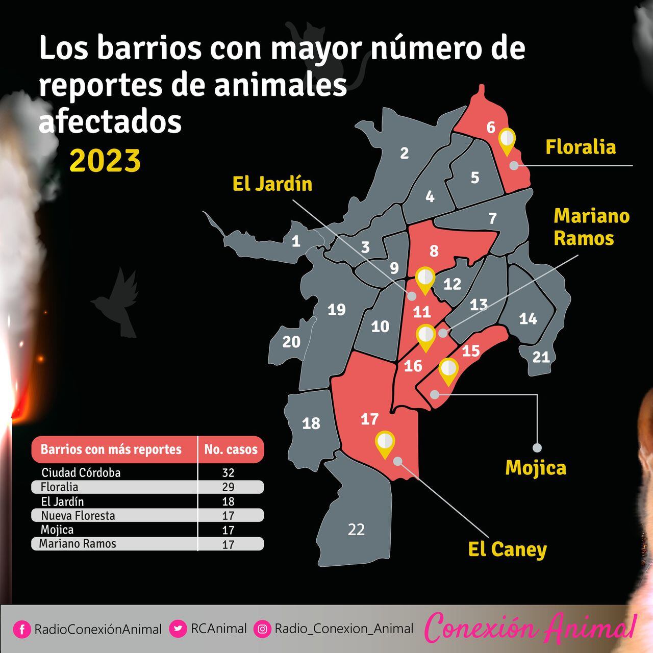 Barrios donde más reportes de animales afectados por pólvora hubo.