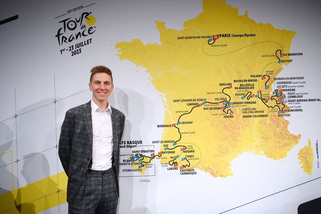 PARIS, FRANCE - OCTOBER 27: Tadej Pogacar of Slovenia and UAE Team Emirates and the map showing the route of the men's race during the 110th Tour de France 2023 and 2nd Tour de France Femmes 2023 - Route Presentation / #TDF2023 / #TDFF2023 / on October 27, 2022 in Paris, France. (Photo by Alex Broadway/Getty Images)