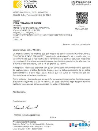La carta de Francia Márquez, reclamándole al ministro Iván Velásquez por la salida de su jefe de protección.