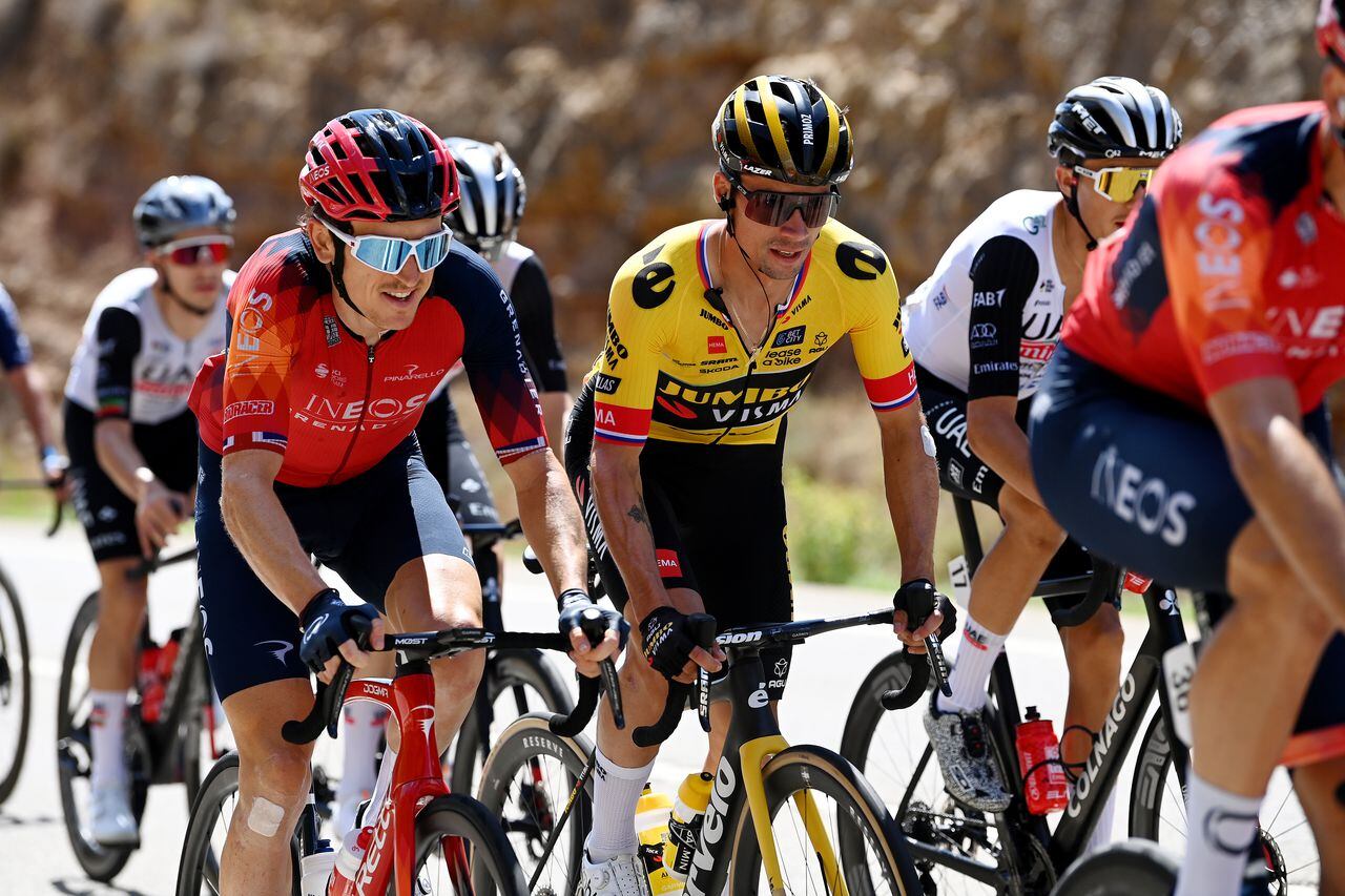 ARINSAL, SPAIN - AUGUST 28: (L-R) Geraint Thomas of The United Kingdom and Team INEOS Grenadiers and Primož Roglic of Slovenia and Team Jumbo-Visma compete during the 78th Tour of Spain 2023, Stage 3 a 158.5km stage from Súria to Arinsal 1911m/ #UCIWT / on August 28, 2023 in Arinsal, Andorra. (Photo by Tim de Waele/Getty Images)