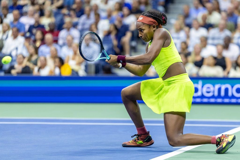 NEW YORK, USA:  September 7:   Coco Gauff of the United States in action during her victory against Karolina Muchova of the Czech Republic in the Women's Singles Semi-Finals match on Arthur Ashe Stadium during the US Open Tennis Championship 2023 at the USTA National Tennis Centre on September 7th, 2023 in Flushing, Queens, New York City.  (Photo by Tim Clayton/Corbis via Getty Images)