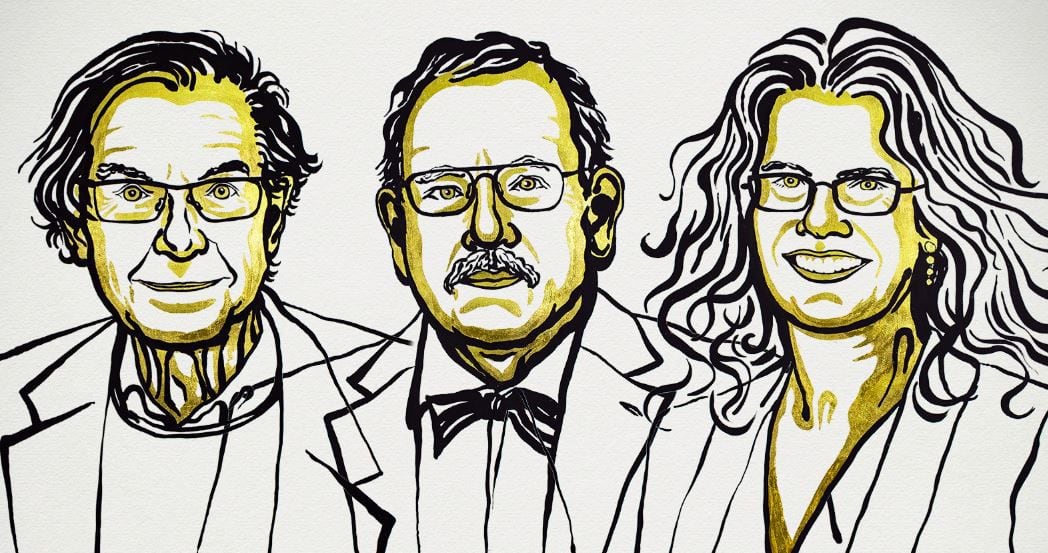 Ganadores del premio Nobel de Física 2020, Roger Penrose, Reinhard Genzel y Andrea Ghez.