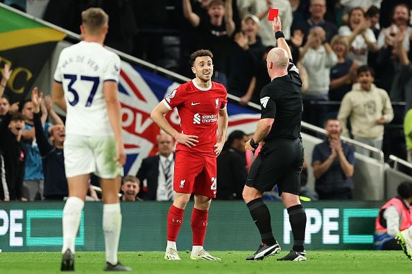 LONDON, ENGLAND - SEPTEMBER 30: Diogo Jota of Liverpool gets a red card during the Premier League match between Tottenham Hotspur and Liverpool FC at Tottenham Hotspur Stadium on September 30, 2023 in London, England. (Photo by Matthew Ashton - AMA/Getty Images)