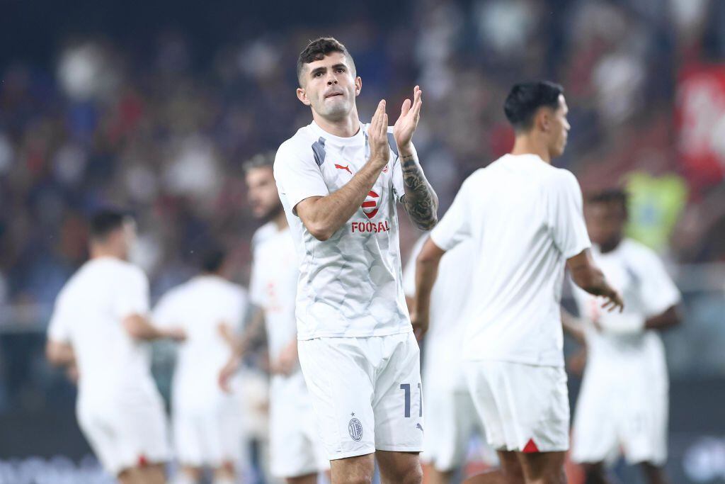GENOA, ITALY - OCTOBER 7: Christian Pulisic of AC Milan greeting the supporters during the Serie A TIM match between Genoa CFC and AC Milan at Stadio Luigi Ferraris on October 7, 2023 in Genoa, Italy. (Photo by Matteo Ciambelli/DeFodi Images via Getty Images)