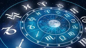 Astrología Signo del zodiaco del horóscopo en azul profundo la estrella y el fondo de la luna. Poder mágico de la fortuna en el concepto del universo.