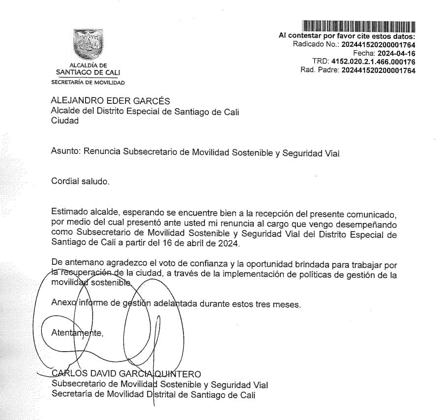 Con esta carta, Carlos David García le comunicó al alcalde Alejandro Eder su renuncia.