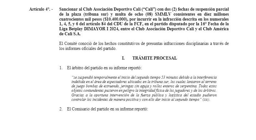 Dimayor sancionó al Deportivo Cali.