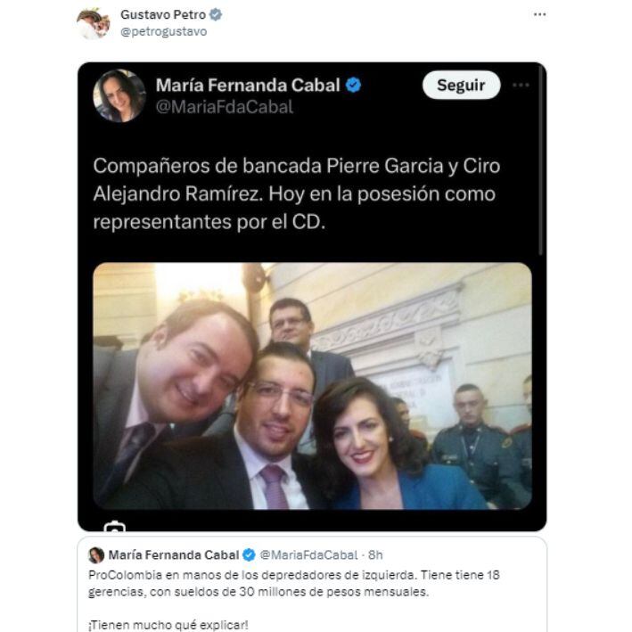 Esta fue la respuesta del presidente Gustavo Petro a la publicación de la senadora María Fernanda Cabal.