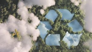 Concepto de gestión de residuos ecológico. Signo de reciclaje en forma de lago en medio de la densa vegetación de la selva amazónica vista desde lo alto de las nubes con un pequeño avión amarillo. Representación 3D.