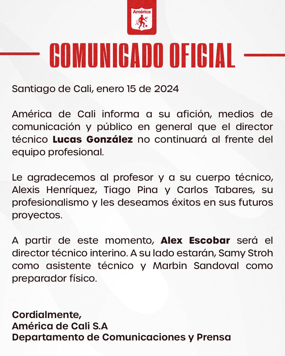 Comunicado oficial del América de Cali donde anuncia la no continuidad de Lucas González en el cargo de director técnico.
