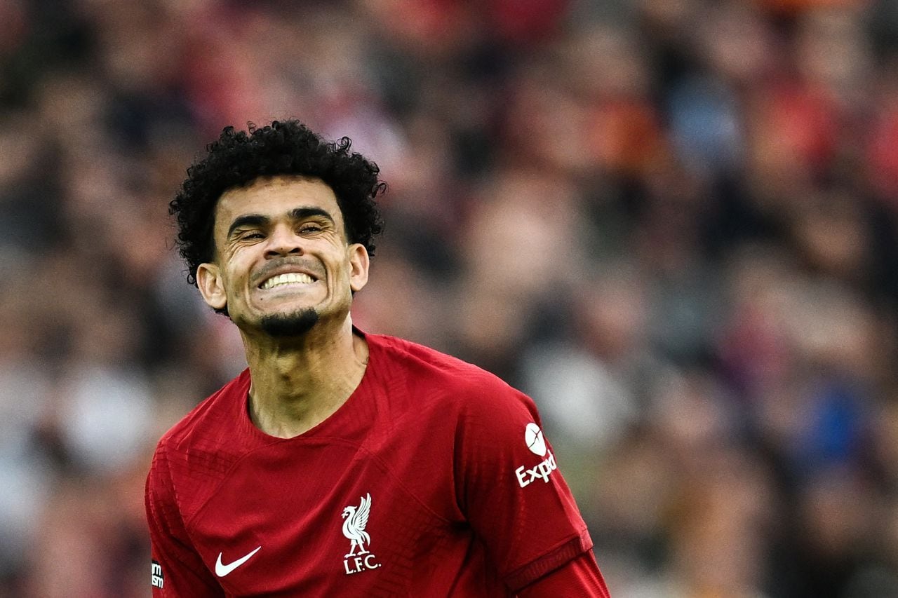Liverpool's Colombian midfielder Luis Diaz reacts after a missed shot during the English Premier League football match between Liverpool and Fulham at Anfield in Liverpool, north west England on May 3, 2023. (Photo by Paul ELLIS / AFP) / RESTRICTED TO EDITORIAL USE. No use with unauthorized audio, video, data, fixture lists, club/league logos or 'live' services. Online in-match use limited to 120 images. An additional 40 images may be used in extra time. No video emulation. Social media in-match use limited to 120 images. An additional 40 images may be used in extra time. No use in betting publications, games or single club/league/player publications. /