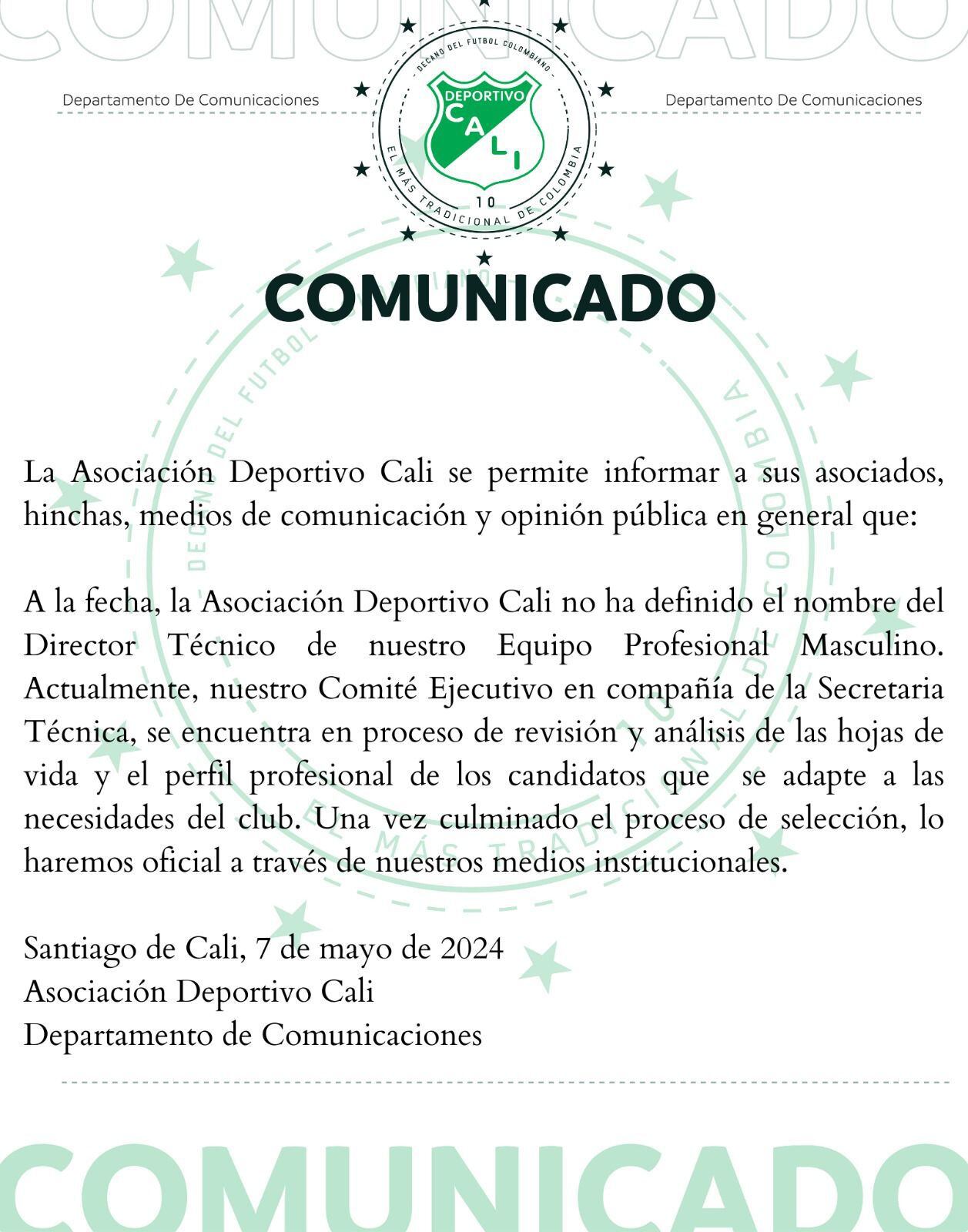 Comunicado oficial del Deportivo Cali donde aclara la situación del técnico.