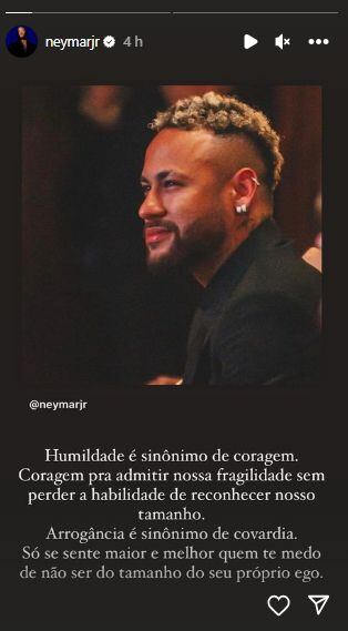 Neymar compartió una foto con un mensaje en las historias de su cuenta de Instagram.