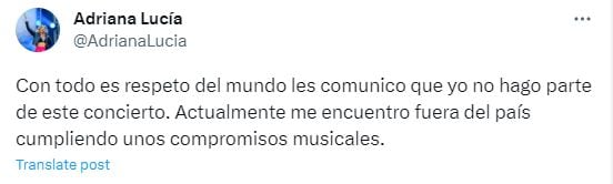 Mensaje de Adriana Lucía sobre el concierto al cual no hará parte.