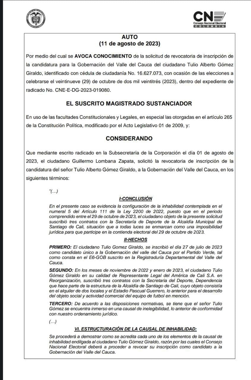 Esta es una de las 10 páginas que tiene el documento en el que el CNE anunció que aceptó la solicitud de revocatoria de la candidatura de Tulio Gómez a la Gobernación del Valle del Cauca.