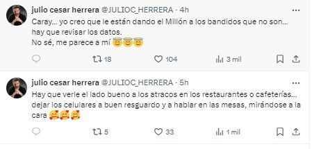 El actor Julio Cesar Herrera compartió varios mensajes sarcásticos sobre los hechos de inseguridad en Bogotá.